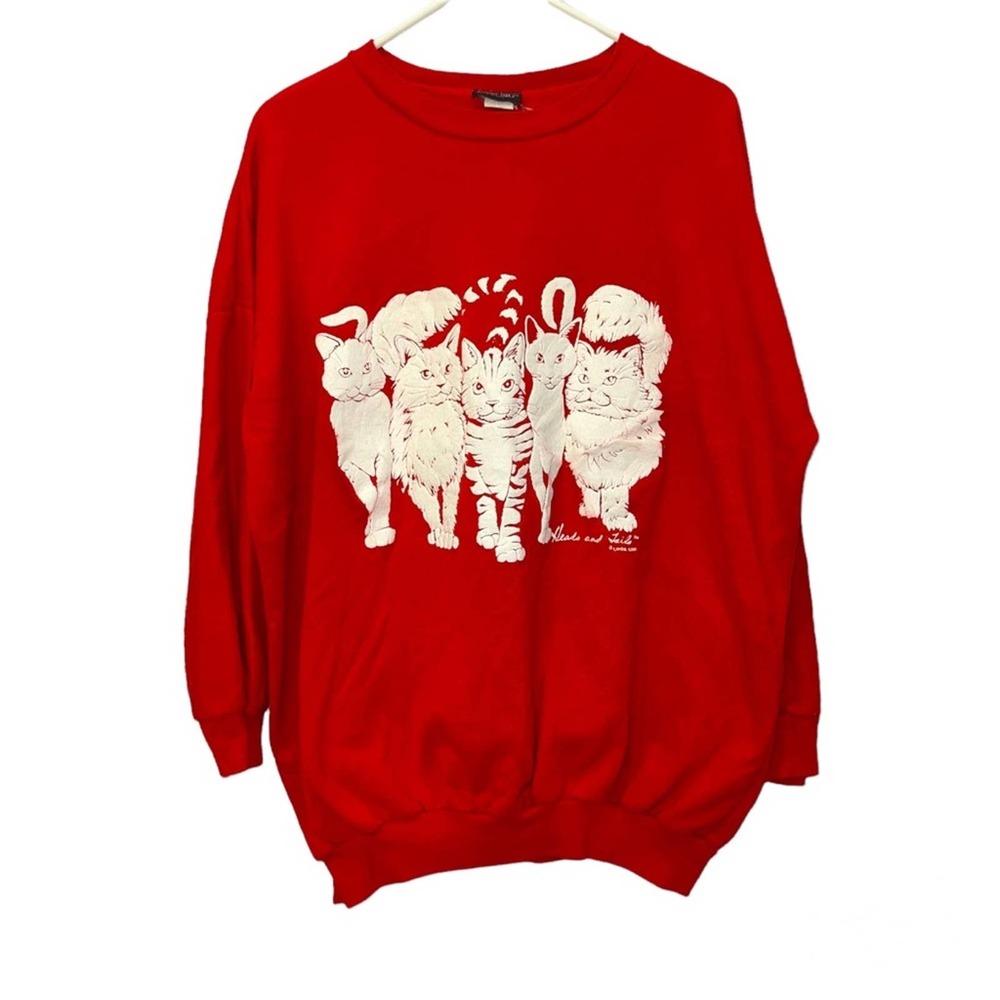 Vintage Cat Sweatshirt Linda Lori Heads and Tails Red 80s Crewneck Oversized OS